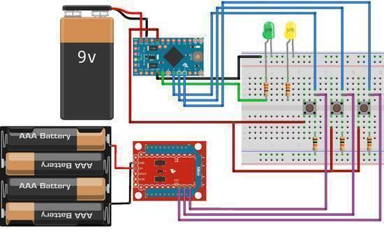Arduino Pro Mini 3.3V 8MHz ATMEGA328P - shown in a circuit diagram with a 9V battery, a 4xAAA battery pack, a red sensor module, LEDs, and push buttons.