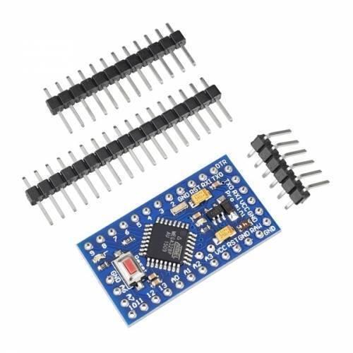 Arduino Pro Mini 5V 16MHz ATMEGA328 - shown as a blue circuit board with a reset button, along with three sets of loose metal header pins.