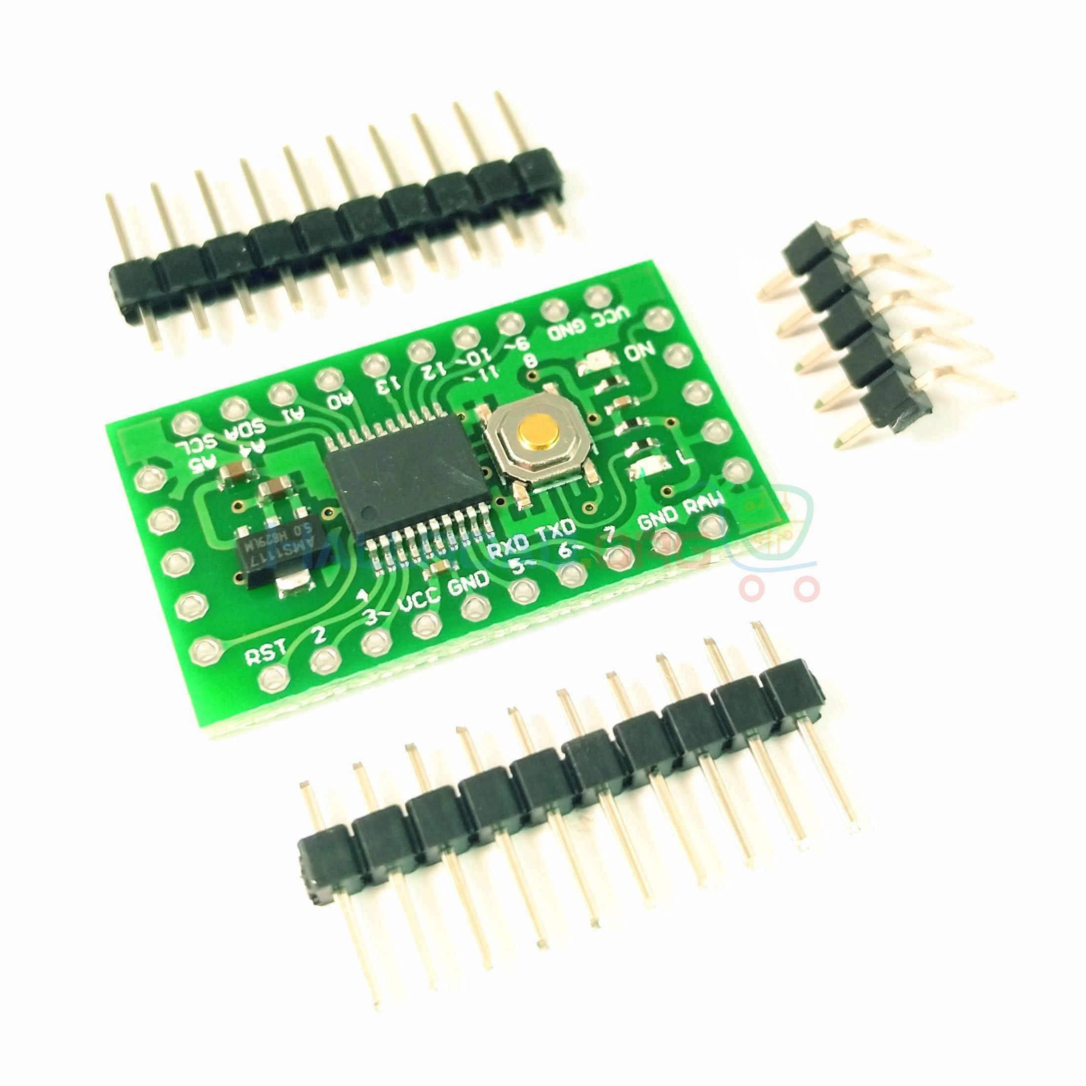 Arduino Pro Mini Clone LGT8F328P - shown as a green circuit board with a central button, a voltage regulator, and two sets of loose header pins.