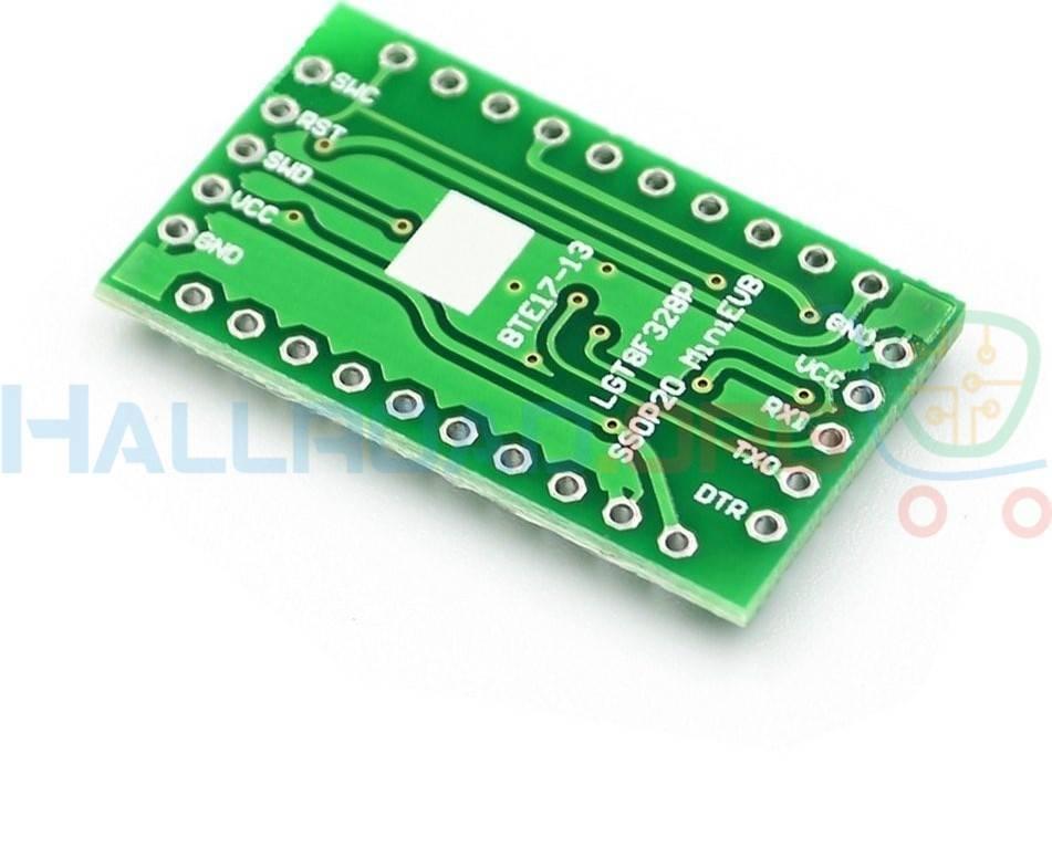 Arduino Pro Mini Clone LGT8F328P - a green rectangular circuit board with labeled pin holes for SWC, RST, SWD, VCC, GND, RXD, TXD, and DTR.