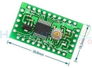 Arduino Pro Mini Clone LGT8F328P - a green rectangular circuit board with a central chip, a push button, and dimension markings in millimeters.