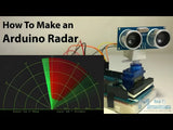 Arduino Radar Project - an HC-SR04 ultrasonic sensor mounted on a blue servo motor with a computer screen displaying a radar sweep interface.