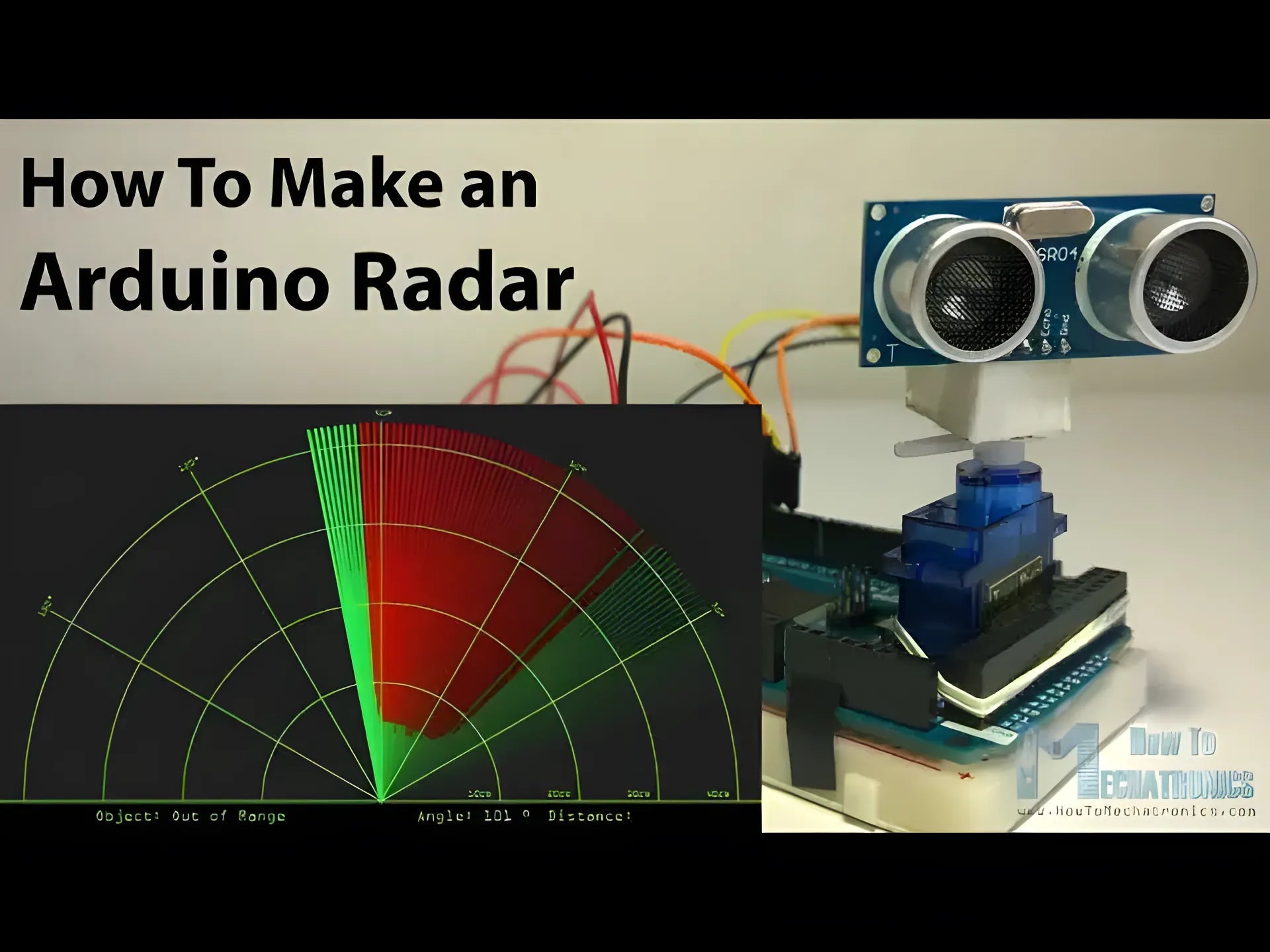 Arduino Radar Project - an HC-SR04 ultrasonic sensor mounted on a blue servo motor with a computer screen displaying a radar sweep interface.