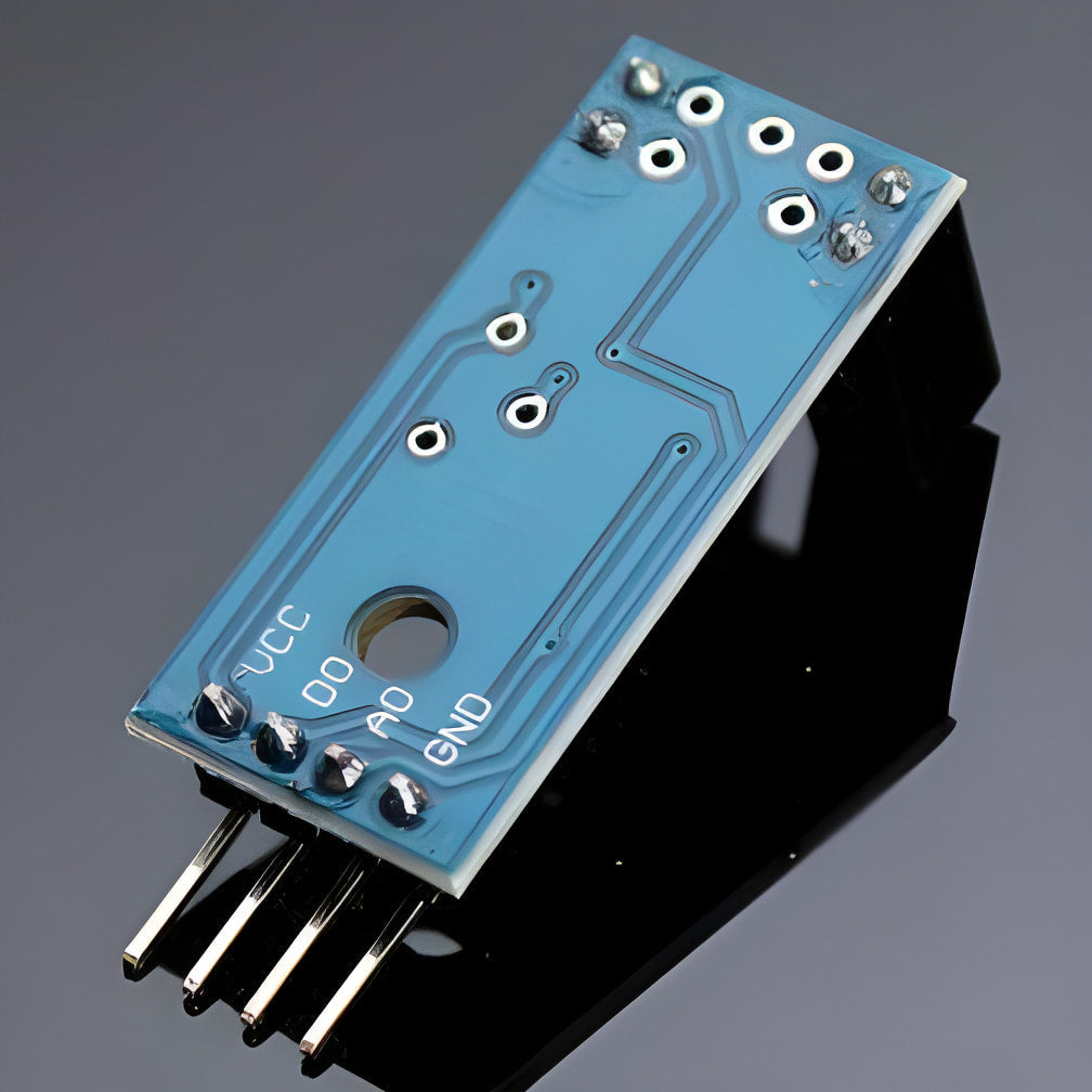 Arduino RPM Sensor Rotational Speed Measuring Sensor - the blue rectangular circuit board underside with four pins labeled VCC, DO, AO, and GND.