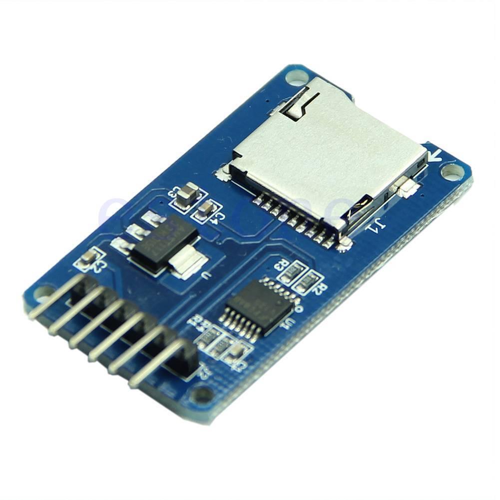 Arduino SD Card Reader Module - a blue rectangular circuit board featuring a silver SD card slot, a six-pin header, and various surface-mounted components.