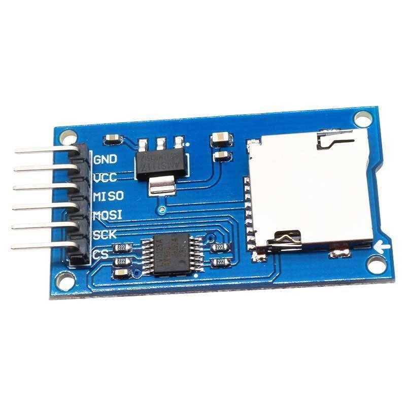 Arduino SD Card Reader Module - a blue rectangular circuit board featuring a six-pin header, a silver SD card slot, and integrated electronic components.