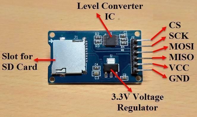 Arduino SD Card Reader Module - a blue rectangular circuit board with an SD card slot, a level converter IC, a voltage regulator, and six pin connectors.