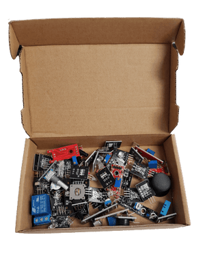 Arduino Sensor Kit 37 In 1 Sensors Kit For Arduino - shown in an open cardboard box containing various electronic modules, sensors, and a joystick.