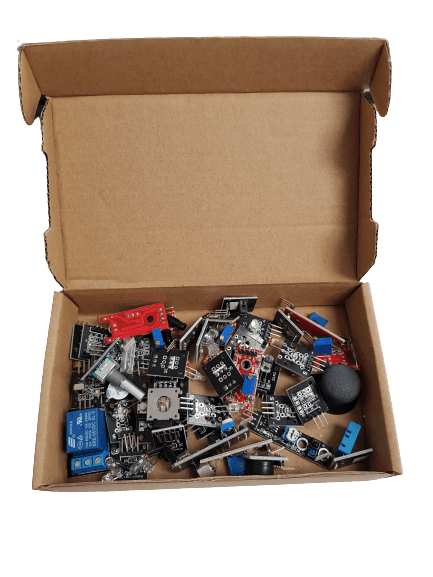 Arduino Sensor Kit 37 In 1 Sensors Kit For Arduino - shown in an open cardboard box containing various electronic modules, sensors, and a joystick.