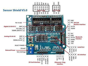 Arduino Sensor Shield V5 Expansion Board For Arduino - a blue circuit board with labeled ports for digital and analog I/O, Bluetooth, I2C, and power connections.