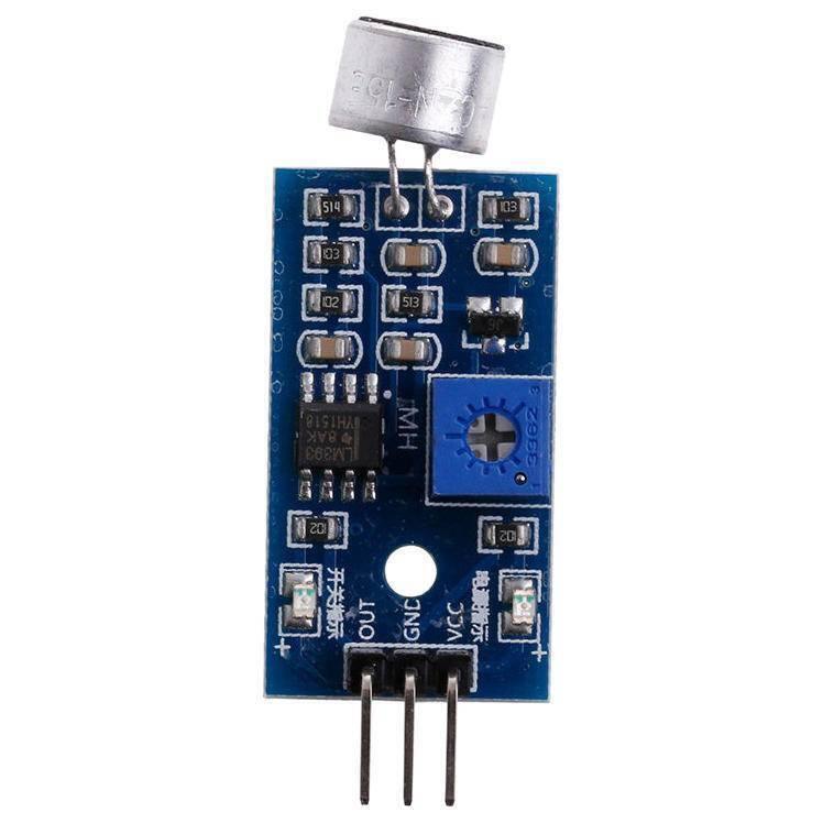 Arduino Sound Detector Sound Sensor Arduino Mic Voice Module For Arduino Ky-038 Ky 038 KY038 - a blue circuit board, a silver microphone, an adjustable potentiometer, and three output pins.