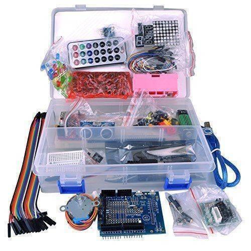 Arduino Starter Kit Arduino Basic Kit Arduino Beginner Kit - an open clear compartment box with a breadboard, sensor shield, stepper motor, IR remote, jumper wires, LEDs and resistors.