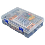 Arduino Starter Kit Arduino Basic Kit Arduino Beginner Kit - shown in a clear plastic storage box with blue latches, containing various electronic components, a remote control, and a breadboard.