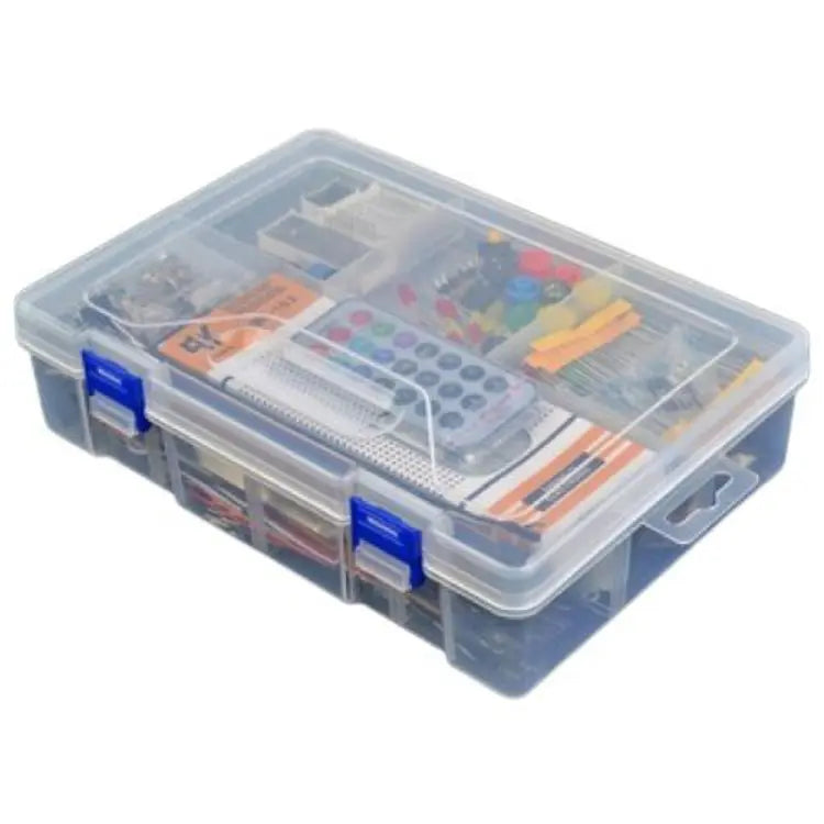 Arduino Starter Kit Arduino Basic Kit Arduino Beginner Kit - shown in a clear plastic storage box with blue latches, containing various electronic components, a remote control, and a breadboard.