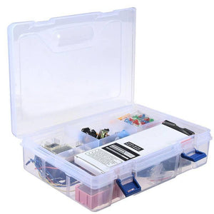 Arduino Starter Kit Arduino Basic Kit Arduino Beginner Kit - shown in an open, clear plastic organizer box containing various electronic components, wires, and a white rectangular box.