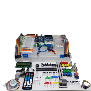 Arduino Starter Kit Arduino Basic Kit Arduino Beginner Kit - an Arduino board, breadboard, LCD, remote, motor, LEDs, buttons, and various electronic components arranged on a white surface.