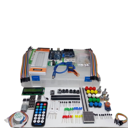 Arduino Starter Kit Arduino Basic Kit Arduino Beginner Kit - an Arduino board, breadboard, LCD, remote, motor, LEDs, buttons, and various electronic components arranged on a white surface.