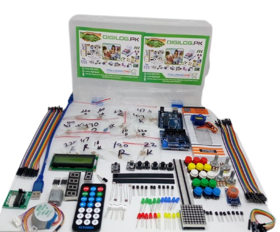 Arduino Starter Kit Arduino Basic Kit Arduino Beginner Kit - a white plastic case containing an Arduino board, LCD screen, remote control, jumper wires, LEDs, buttons, and electronic parts.