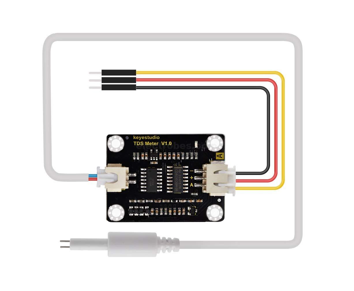 Arduino Tds Sensor Module Water Quality Sensor For Arduino V1.0 - a black circuit board with a white probe connected by a cable and jumper wires.