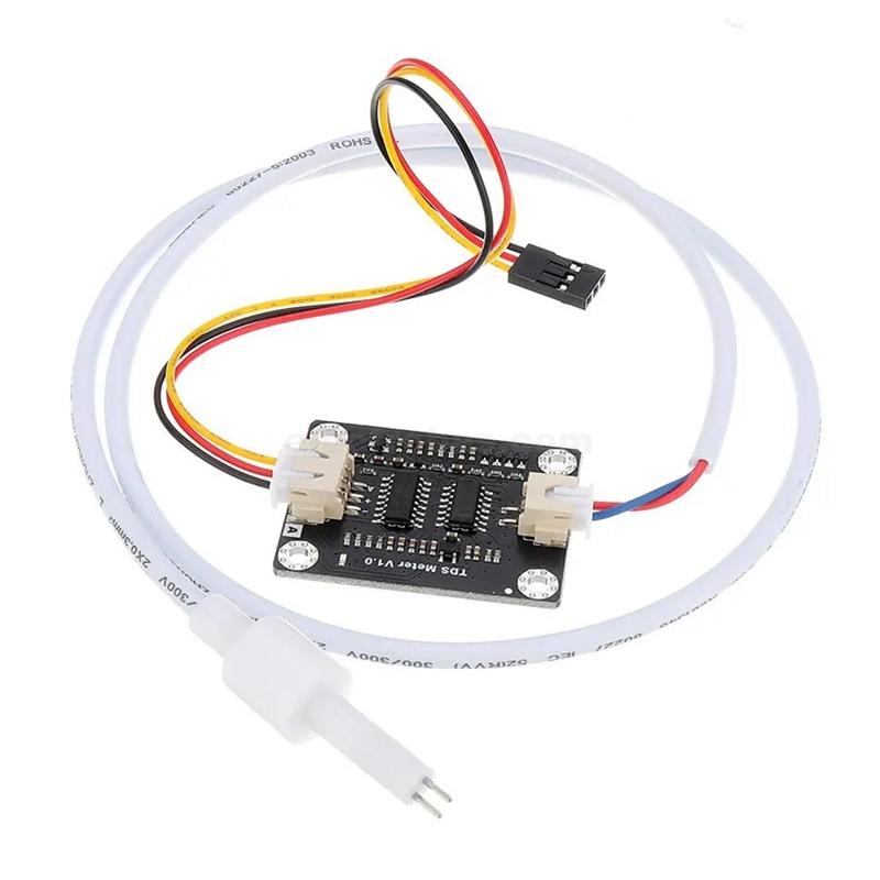 Arduino Tds Sensor Module Water Quality Sensor For Arduino V1.0 - a black circuit board with two white connectors, a white probe at the end of a cable, and a three-pin connector.