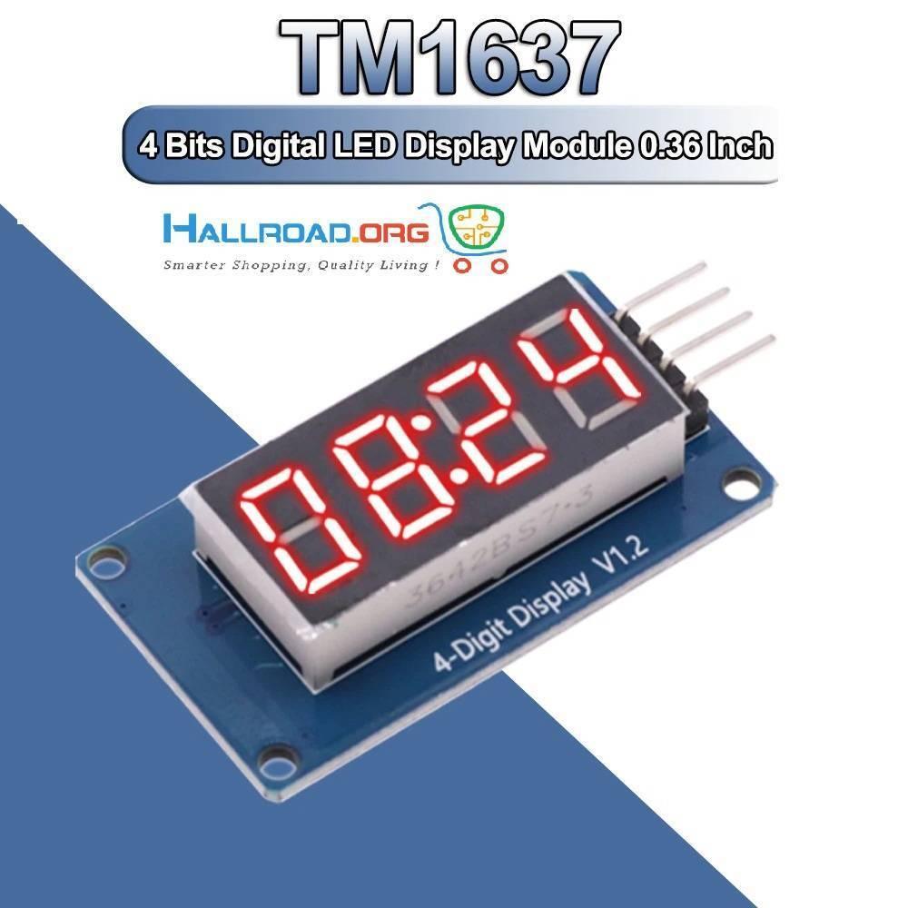 Arduino TM1637 4 Digit 7 Segment Display Module LED Display Module - a blue PCB with a four-digit red LED display reading 08:28 and four gold-colored pins on the side.