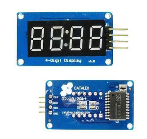 Arduino TM1637 4 Digit 7 Segment Display Module LED Display Module - the front view with a four-digit LED display and the back view with a TM1637 chip and four pins.
