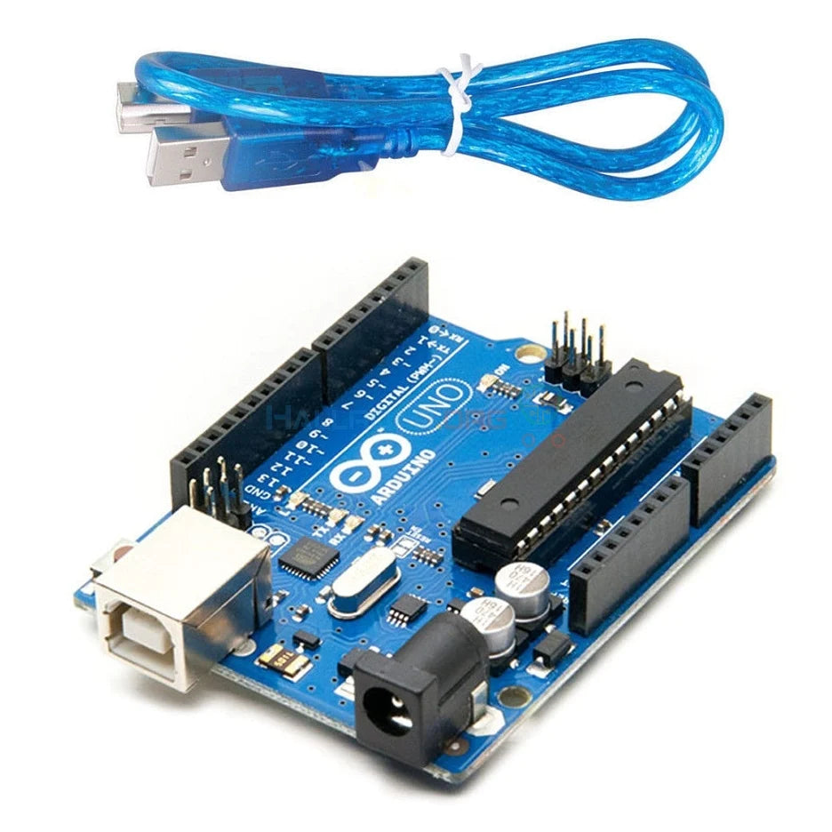 Arduino Uno Price Arduino Kit With USB Cable - a blue microcontroller board with a USB port, power jack, and headers, accompanied by a blue USB cable.