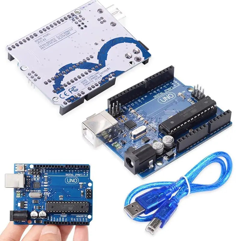 Arduino Uno Price Arduino Kit With USB Cable - two blue Arduino Uno microcontroller boards and a blue USB cable on a white background.
