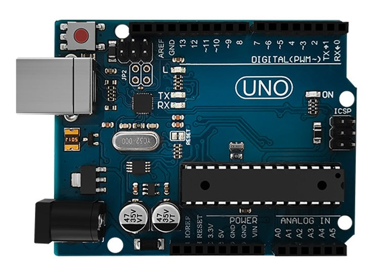 Arduino Uno Price Arduino Kit With USB Cable - a blue rectangular microcontroller board featuring a USB port, a power jack, digital and analog pin headers, and a large black IC chip.