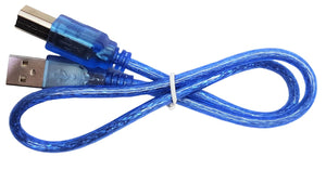 Arduino Uno Price Arduino Kit With USB Cable - a blue, translucent USB A to USB B cable coiled and secured with a white plastic tie.