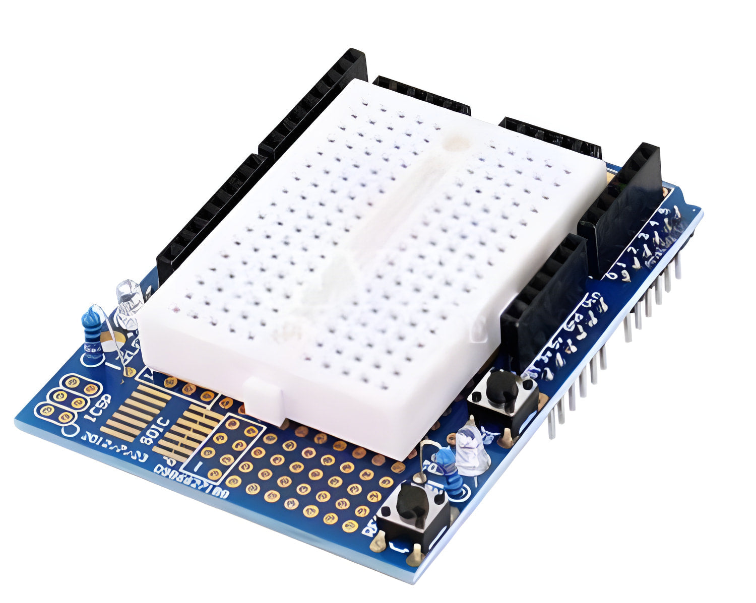 Arduino Uno Proto Shield With Syb-170 Mini Breadboard - a white breadboard, two push buttons, two LEDs, and pin headers on a blue circuit board.