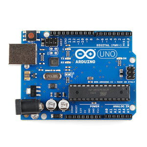 Arduino Uno R3 - board from above, showing its USB-B port, barrel power jack, ATmega328P-PU DIP chip and the digital and analog pin headers.