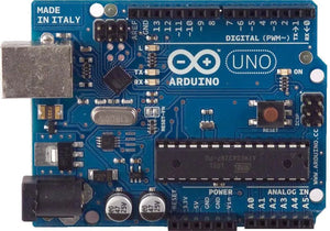 Arduino Uno R3 - a blue rectangular microcontroller board featuring a large central chip, a USB port, a power jack, and various digital and analog pins.