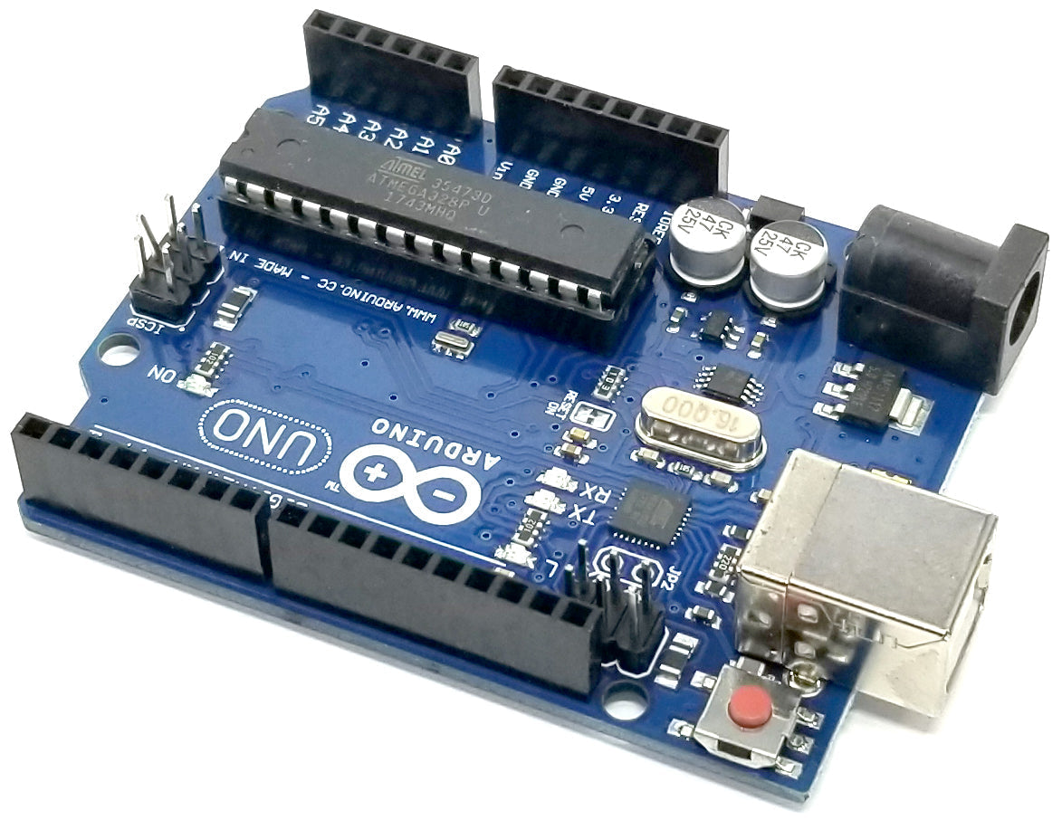 Arduino Uno R3 - a blue microcontroller board featuring a large integrated circuit chip, USB port, power jack, reset button, and pin headers.