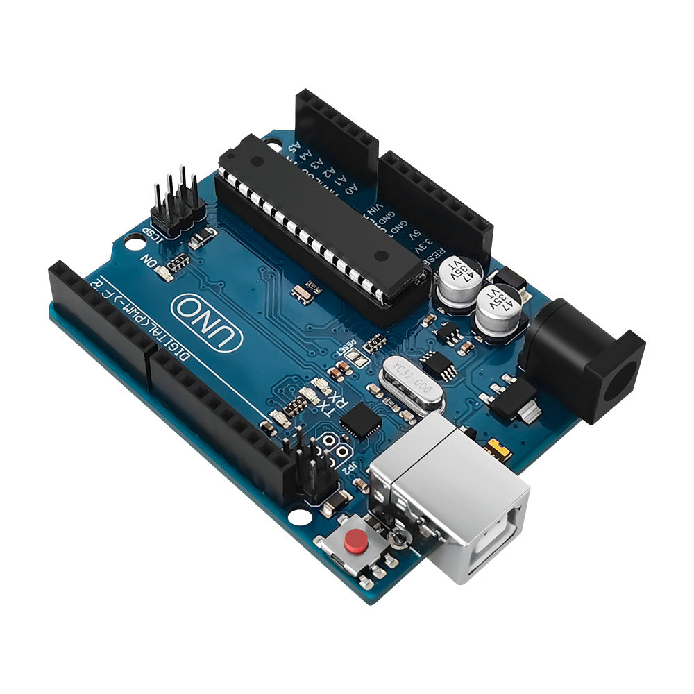 Arduino Uno R3 - a blue circuit board with a black microcontroller, USB port, power jack, reset button, and pin headers.