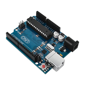 Arduino Uno R3 - a blue circuit board with a black microcontroller, USB port, power jack, reset button, and pin headers.