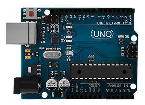 Arduino Uno R3 - a blue rectangular microcontroller board with a USB port, power jack, reset button, and various pin headers on a white background.