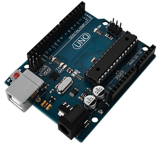 Arduino Uno R3 - a blue microcontroller board with a USB port, power jack, analog and digital pin headers, and a black integrated circuit.