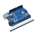 Arduino Uno R3 SMD Board Kit Without USB Cable - with its surface-mount ATmega chip, USB-B port and barrel jack, shown beside a loose strip of male pin headers.