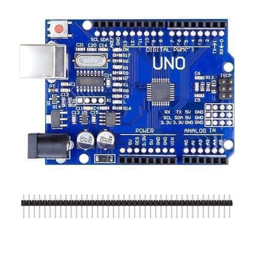Arduino Uno R3 SMD Board Kit Without USB Cable - a blue rectangular microcontroller board with a USB port, power jack, and pins, accompanied by a row of header pins.