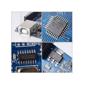 Arduino Uno R3 SMD Board Kit Without USB Cable - four close-up views of the blue circuit board, including the USB port, ATmega328P chip, CH340G chip, and AMS1117 regulator.