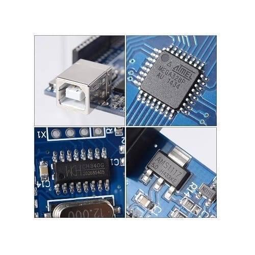 Arduino Uno R3 SMD Board Kit Without USB Cable - four close-up views of the blue circuit board, including the USB port, ATmega328P chip, CH340G chip, and AMS1117 regulator.