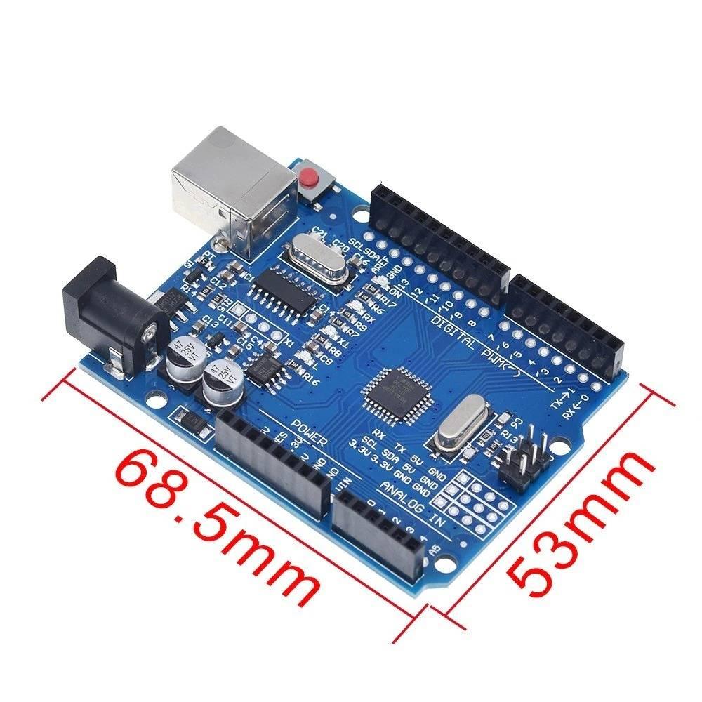 Arduino Uno R3 SMD Board Kit Without USB Cable - a blue rectangular microcontroller board with a USB port, power jack, pin headers, and dimension labels in millimeters.