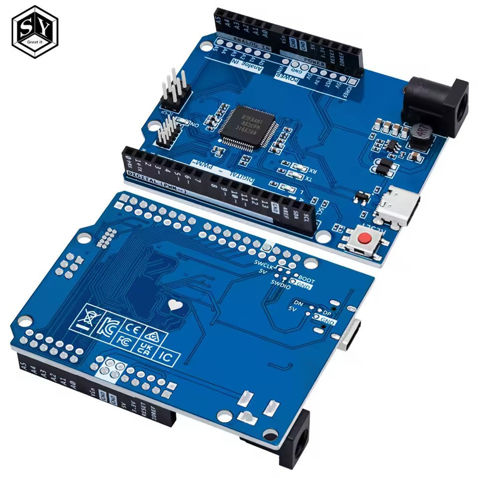 Arduino Uno R4 Minima Clone - two blue circuit boards with headers, a USB-C port, a power jack, and a red reset button.