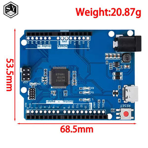 Arduino Uno R4 Minima Clone - a blue microcontroller board with a central chip, USB port, power jack, reset button, and pin headers, shown with dimensions.