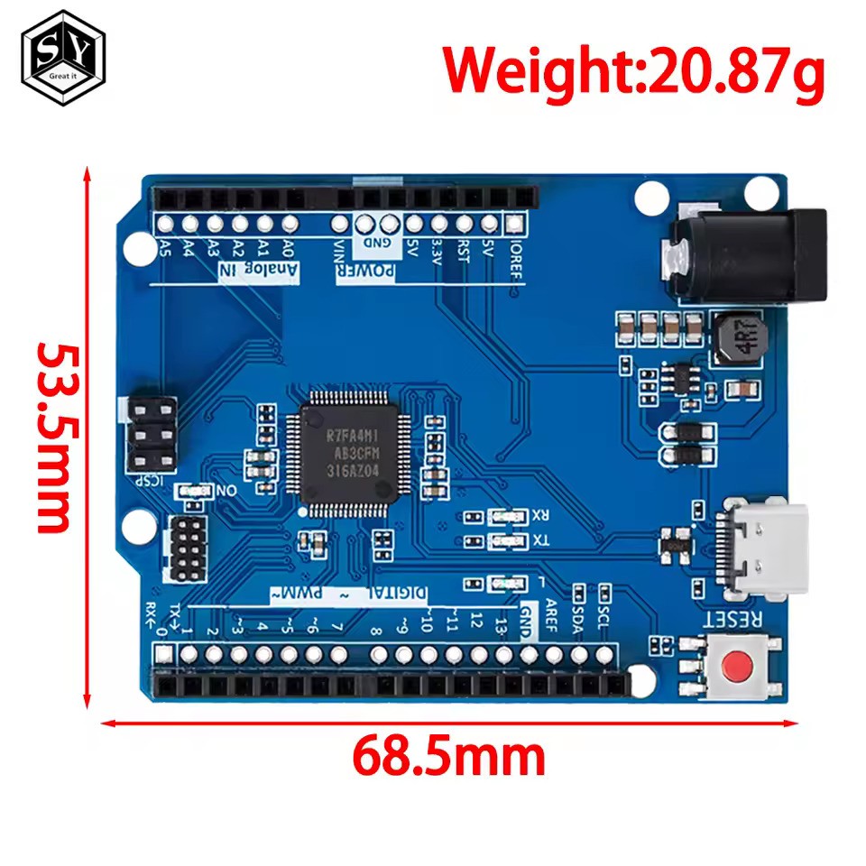 Arduino Uno R4 Minima Clone - a blue microcontroller board with a central chip, USB port, power jack, reset button, and pin headers, shown with dimensions.