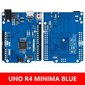 Arduino Uno R4 Minima Clone - the front and back of the blue circuit board with a USB-C port, power jack, reset button, and pin headers.