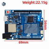 Arduino Uno R4 WiFi Clone - shown from above, a blue rectangular circuit board with a USB port, power jack, reset button, and various pin headers.
