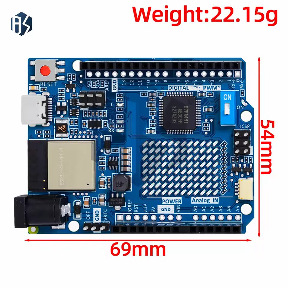 Arduino Uno R4 WiFi Clone - shown from above, a blue rectangular circuit board with a USB port, power jack, reset button, and various pin headers.