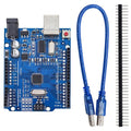 Arduino Uno With USB Cable SMD - a blue microcontroller board with a USB port and power jack, a blue USB cable, and a strip of header pins.